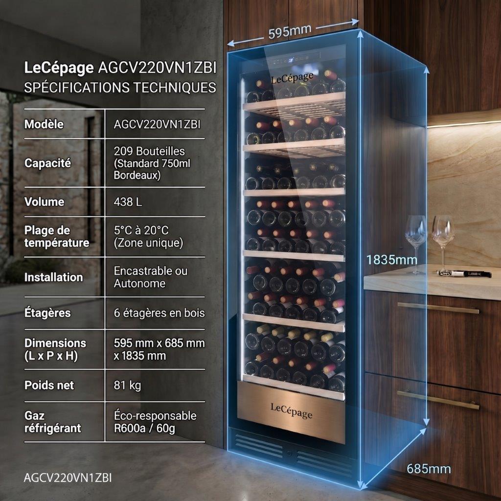 Cave à vin de vieillissement AGCV220VN1ZBI Lecépage 209 bouteilles Porte verre noire