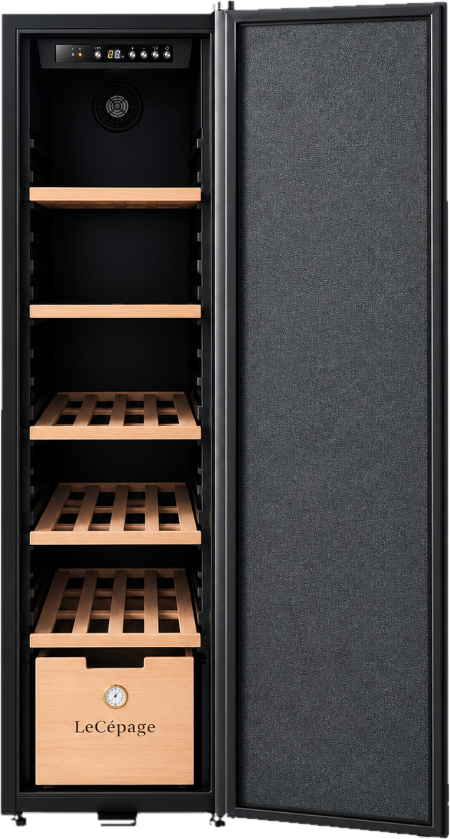 Cave à vin Le Cépage AGCV70PPN porte ouverte avec clayettes en hêtre et caisse en bois